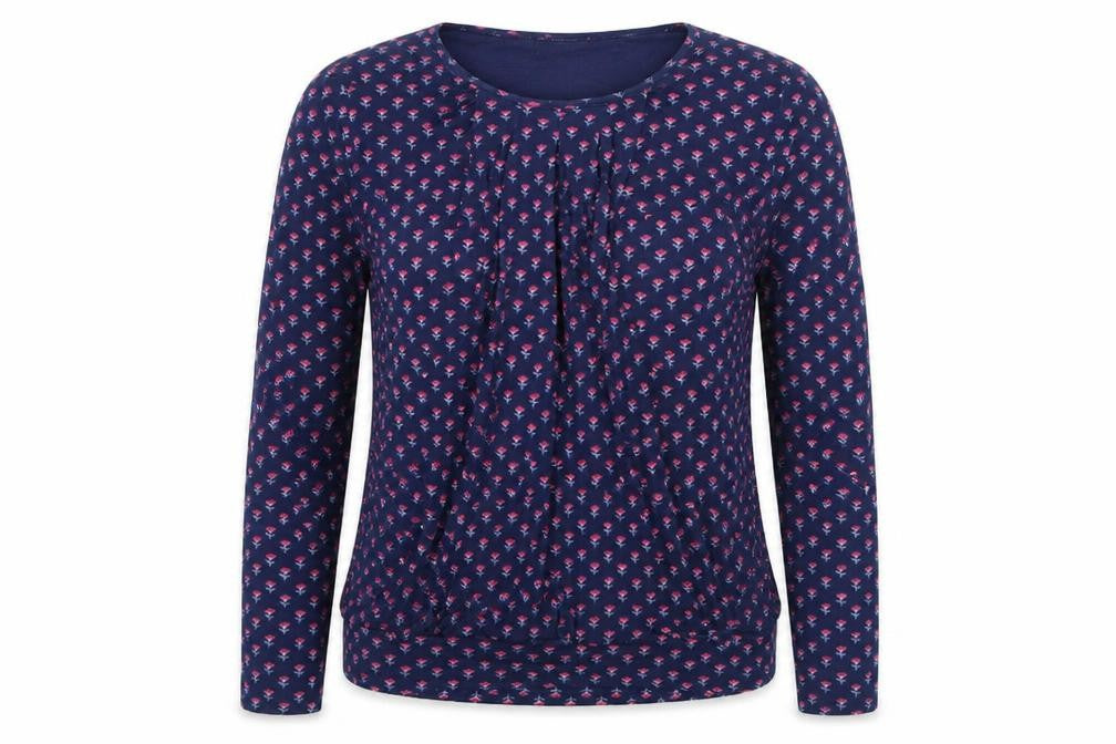 Front view of JoJo Maman Bébé women’s blue floral viscose basic blouse, size L, round neck - concealed button