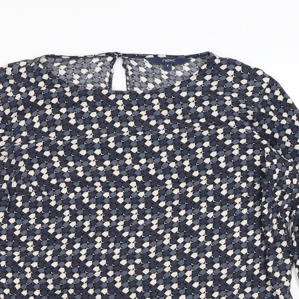 NEXT Womens Blue Geometric Viscose Basic Blouse Size 8 Round Neck