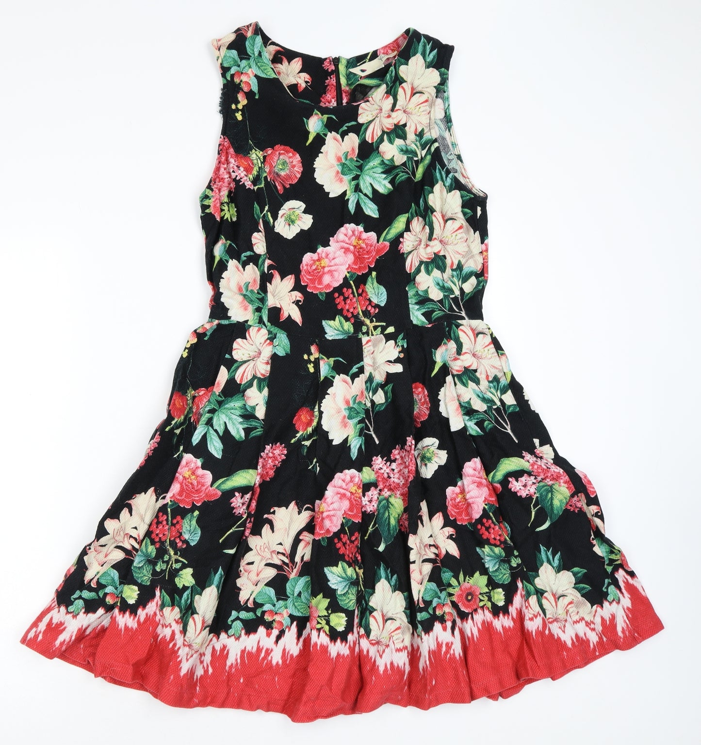 Yumi Womens Black Floral Cotton Skater Dress Size 12 Round Neck Zip