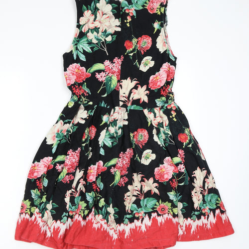 Yumi Womens Black Floral Cotton Skater Dress Size 12 Round Neck Zip