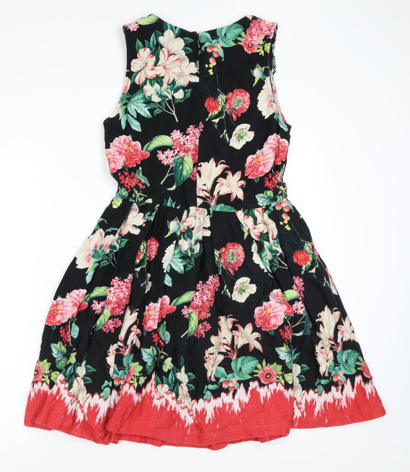 Yumi Womens Black Floral Cotton Skater Dress Size 12 Round Neck Zip