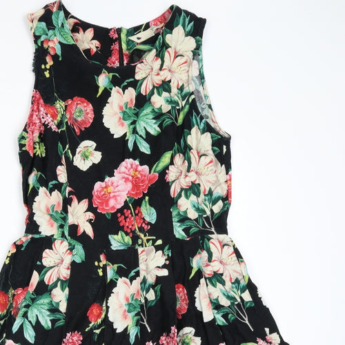 Yumi Womens Black Floral Cotton Skater Dress Size 12 Round Neck Zip