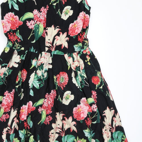 Yumi Womens Black Floral Cotton Skater Dress Size 12 Round Neck Zip