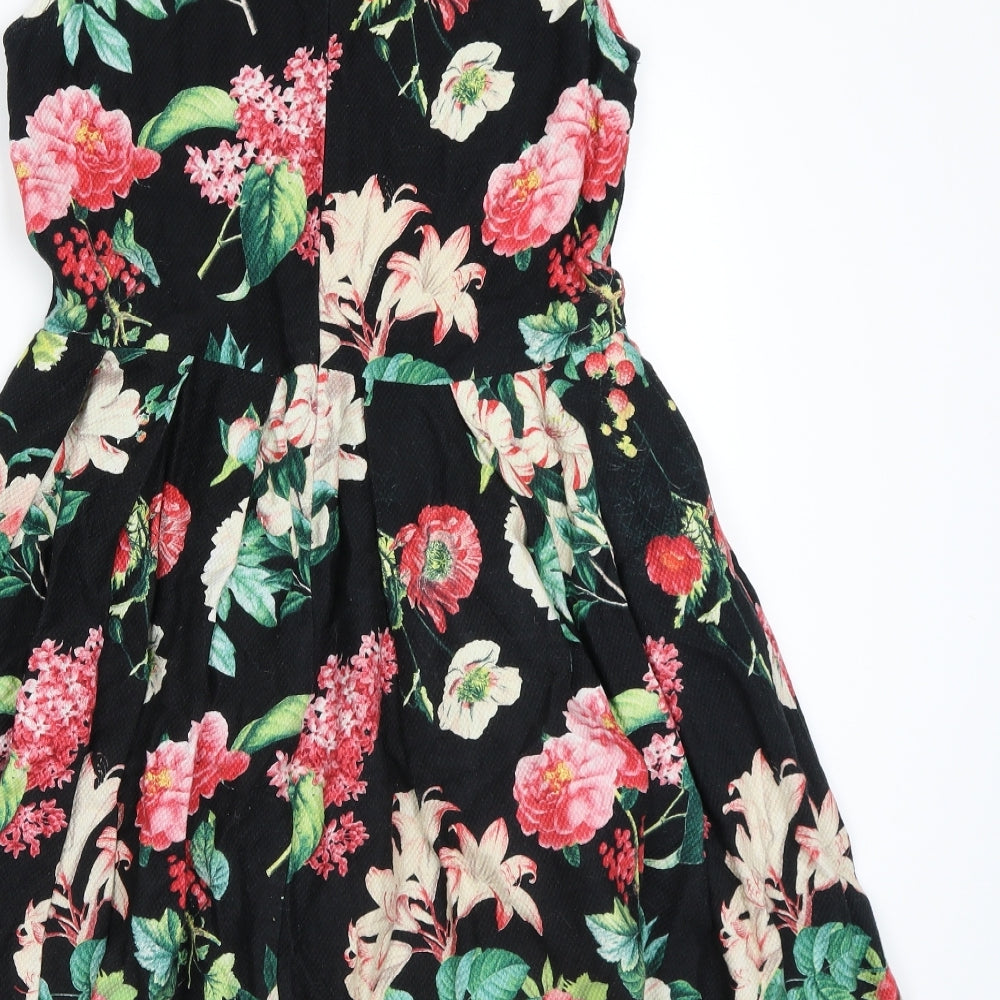 Yumi Womens Black Floral Cotton Skater Dress Size 12 Round Neck Zip