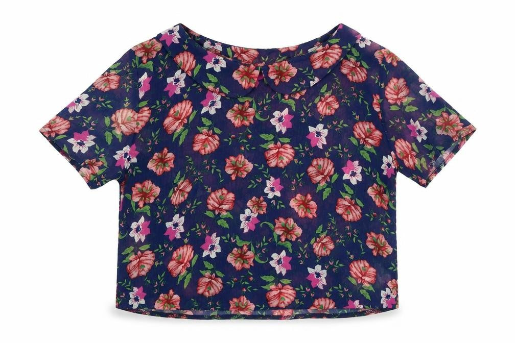 Urban Outfitters Womens Blue Floral Polyester Cropped Blouse Size S Collared - Peter Pan Collar