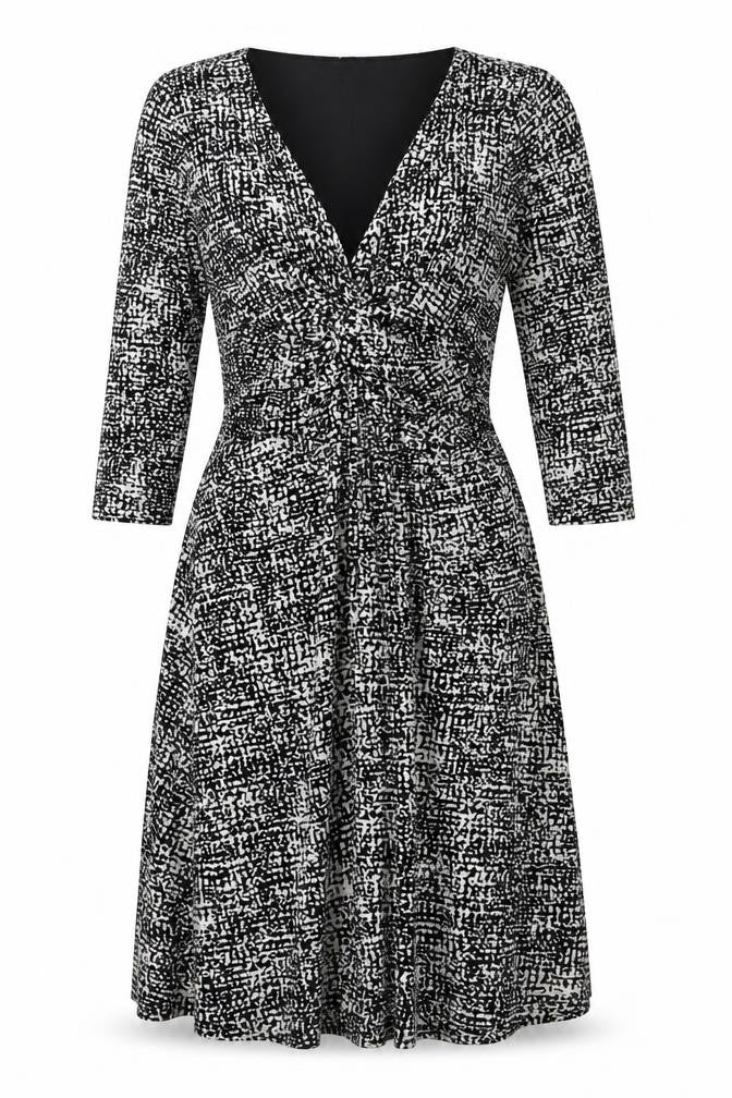 Front view of Phase Eight women’s black geometric polyester a-line, size UK 10, v-neck pullover