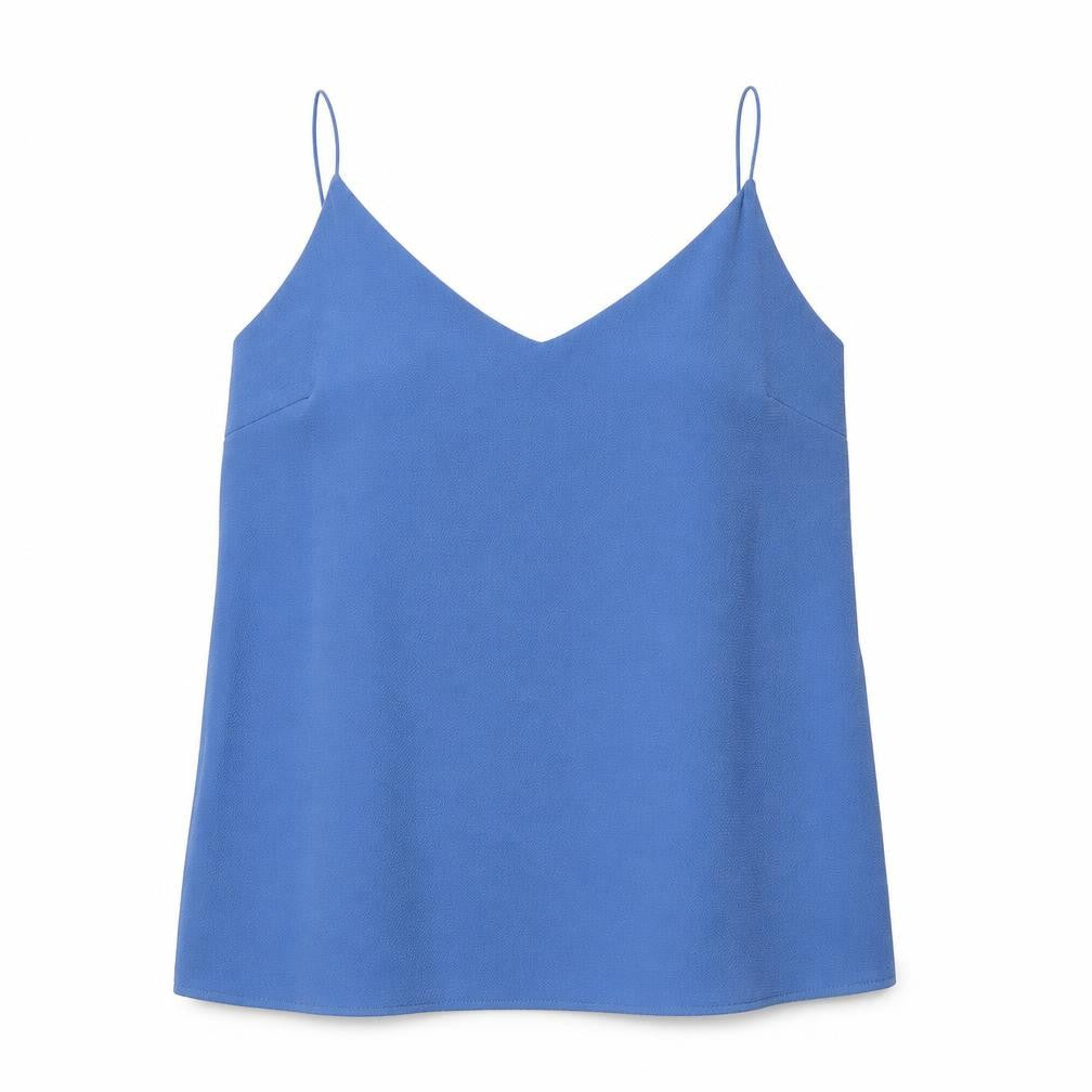 Front view of Ambiance women’s blue polyester camisole tank, size M, v-neck