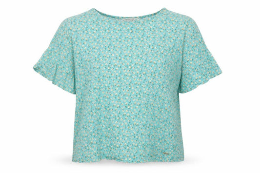 Front view of Marks & Spencer women’s green floral viscose basic t-shirt, size UK 12, round neck - pockets