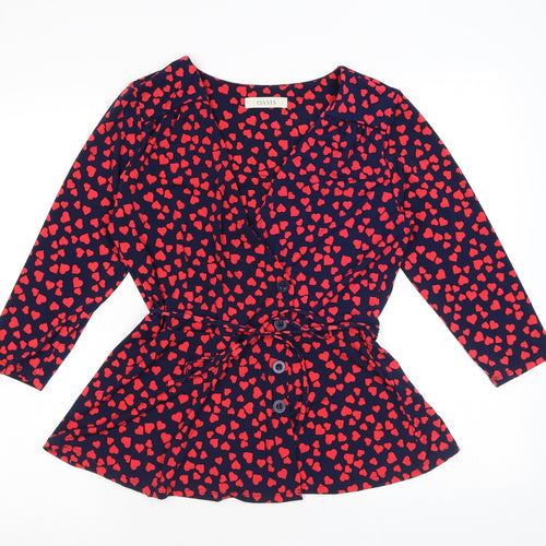 Oasis Womens Blue Geometric Polyester Wrap Blouse Size S V-Neck - Hearts