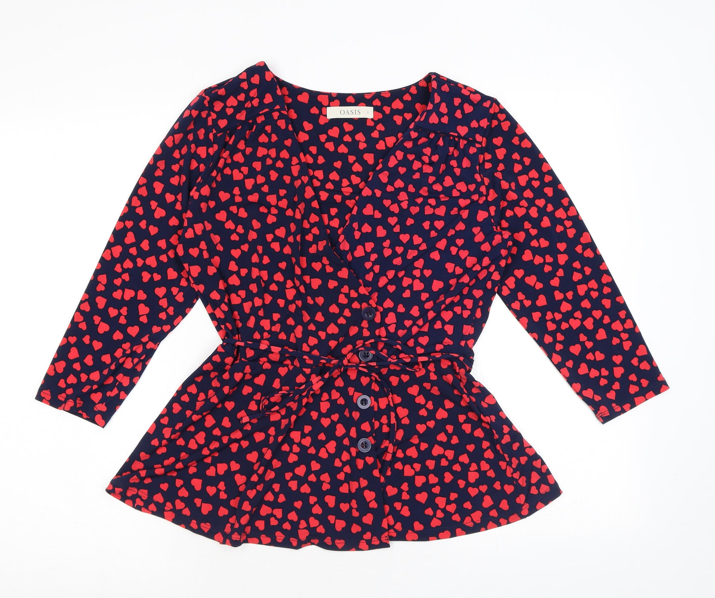 Oasis Womens Blue Geometric Polyester Wrap Blouse Size S V-Neck - Hearts