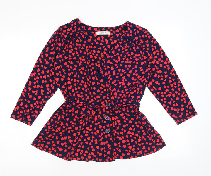 Oasis Womens Blue Geometric Polyester Wrap Blouse Size S V-Neck - Hearts