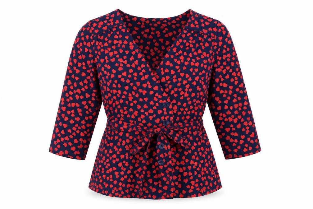 Front view of Oasis women’s blue geometric polyester wrap blouse, size S, v-neck - hearts