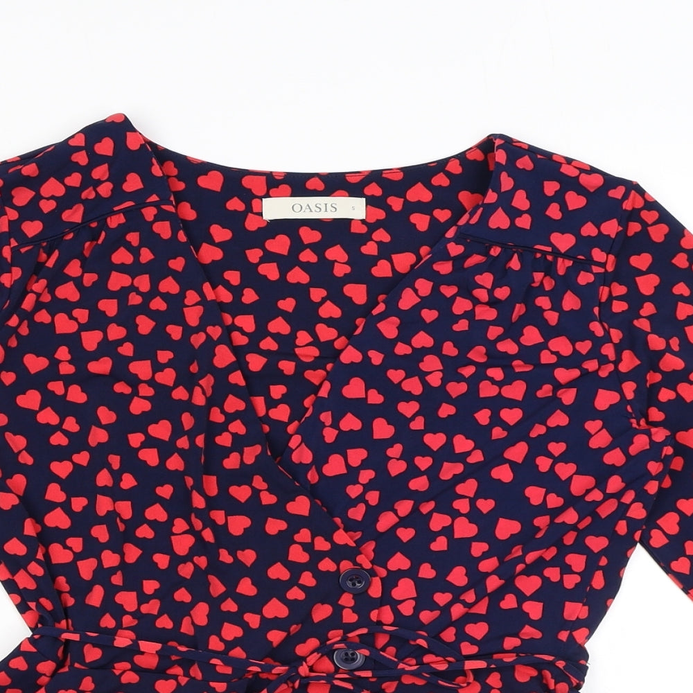Oasis Womens Blue Geometric Polyester Wrap Blouse Size S V-Neck - Hearts