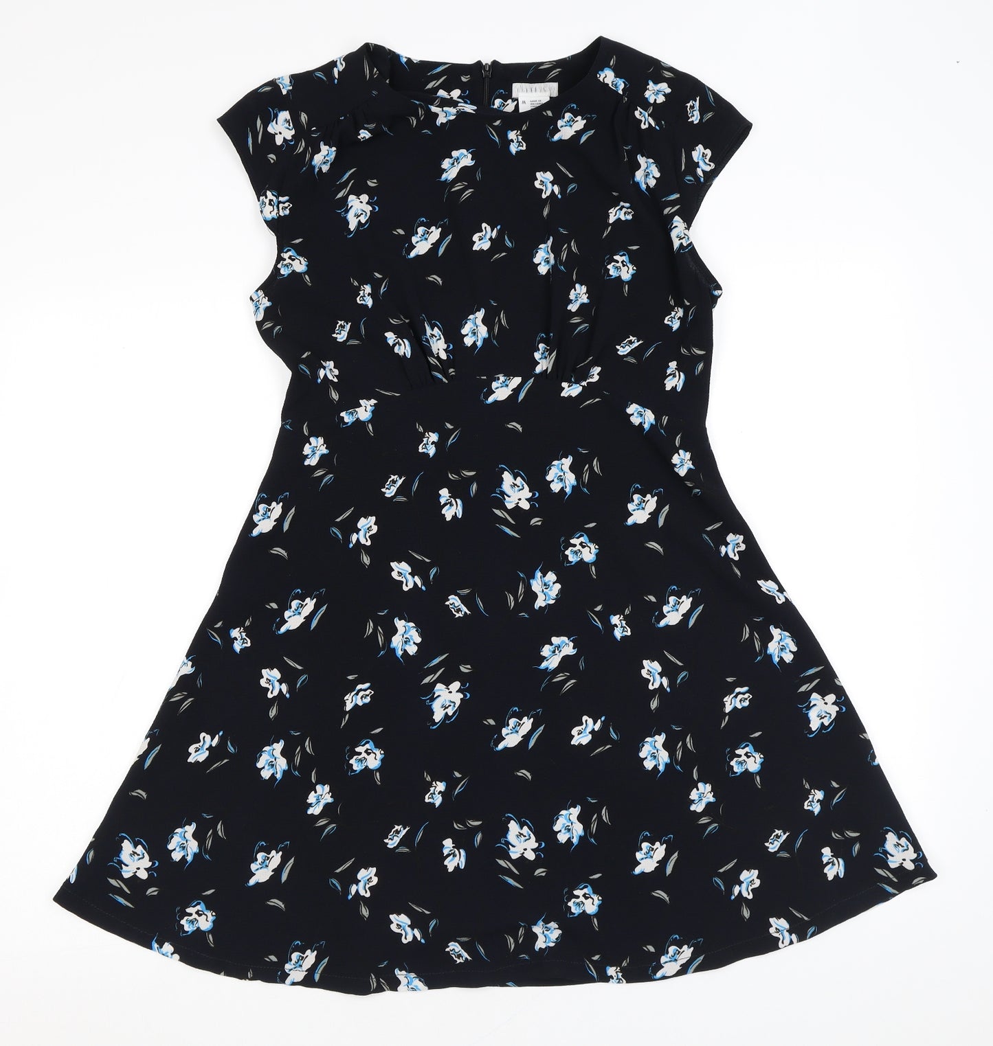 Cooperative Womens Black Floral Polyester Skater Dress Size M Round Neck Zip