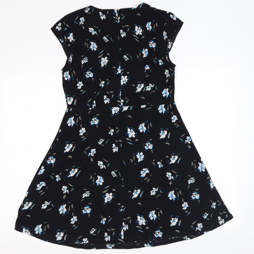 Cooperative Womens Black Floral Polyester Skater Dress Size M Round Neck Zip