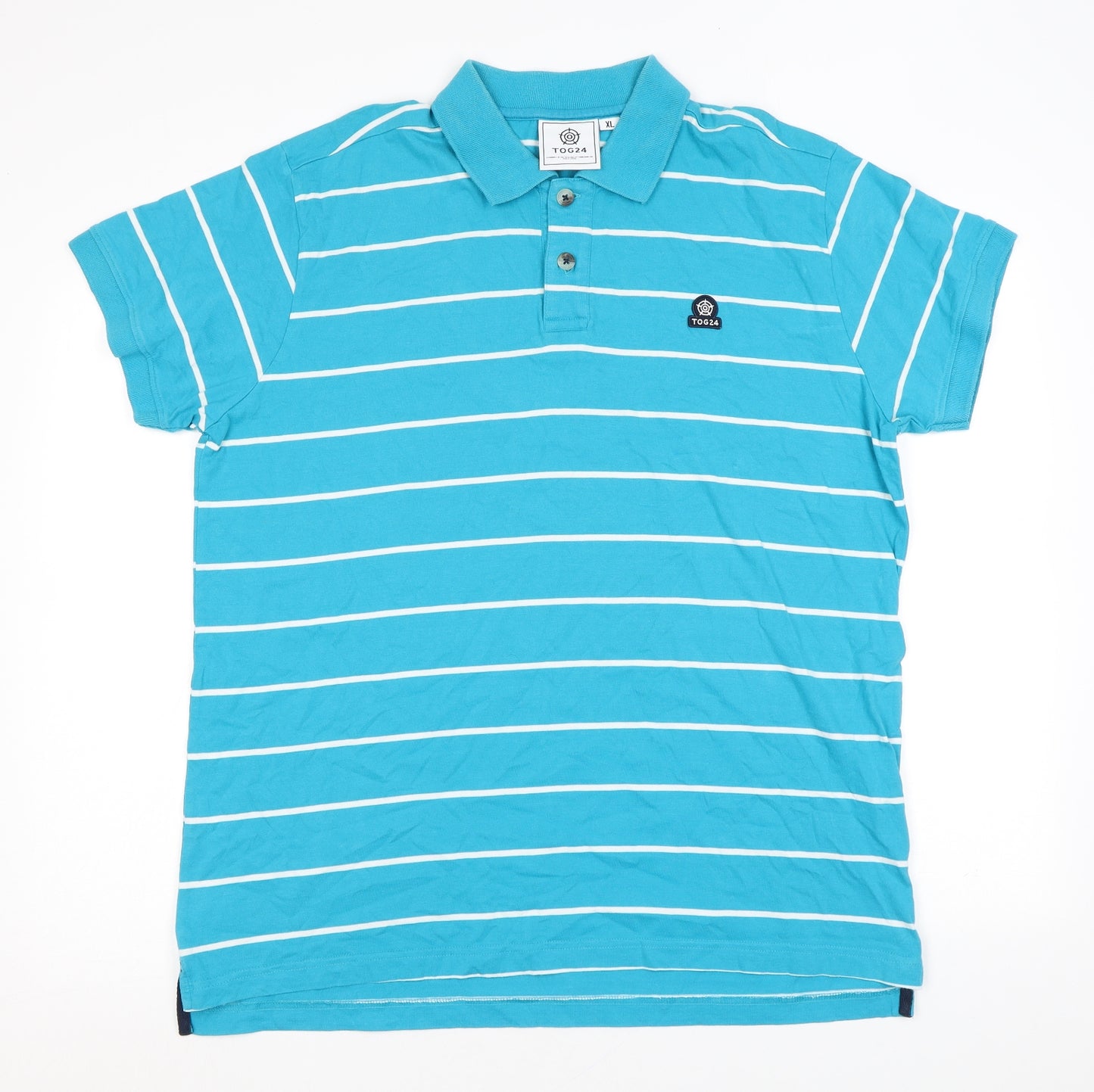 TOG24 Mens Blue Striped Cotton Polo Size XL Collared Button