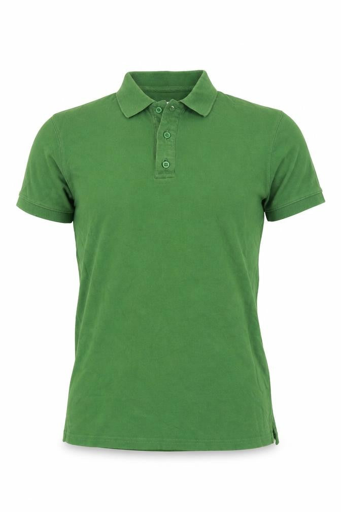 Front view of Nigel Hall men’s green polyester polo, size S, collared button