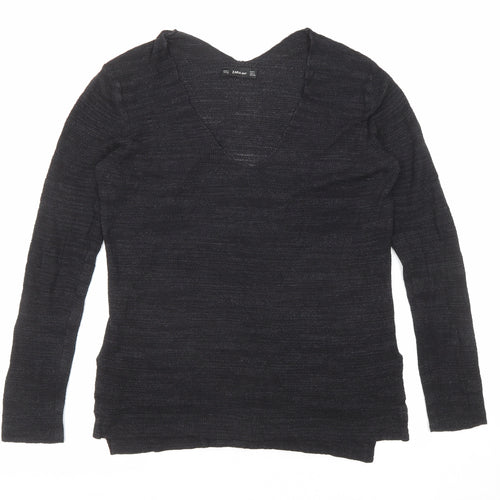 Zara Womens Black V-Neck Acrylic Pullover Jumper Size S