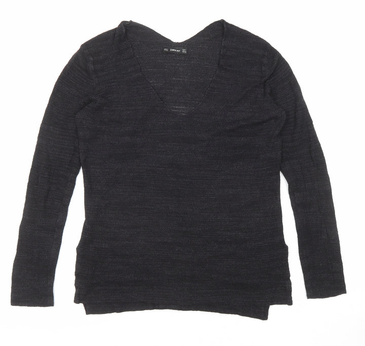 Zara Womens Black V-Neck Acrylic Pullover Jumper Size S