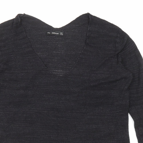 Zara Womens Black V-Neck Acrylic Pullover Jumper Size S