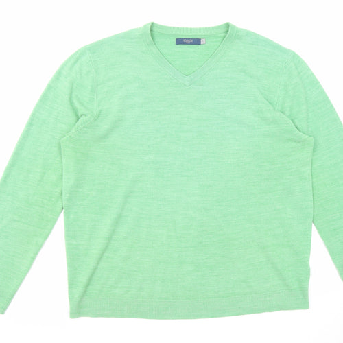 BHS Mens Green V-Neck Acrylic Pullover Jumper Size L Long Sleeve