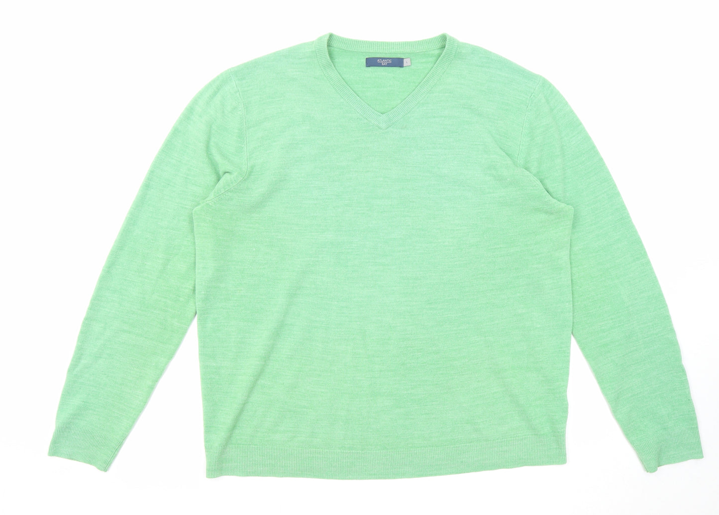 BHS Mens Green V-Neck Acrylic Pullover Jumper Size L Long Sleeve