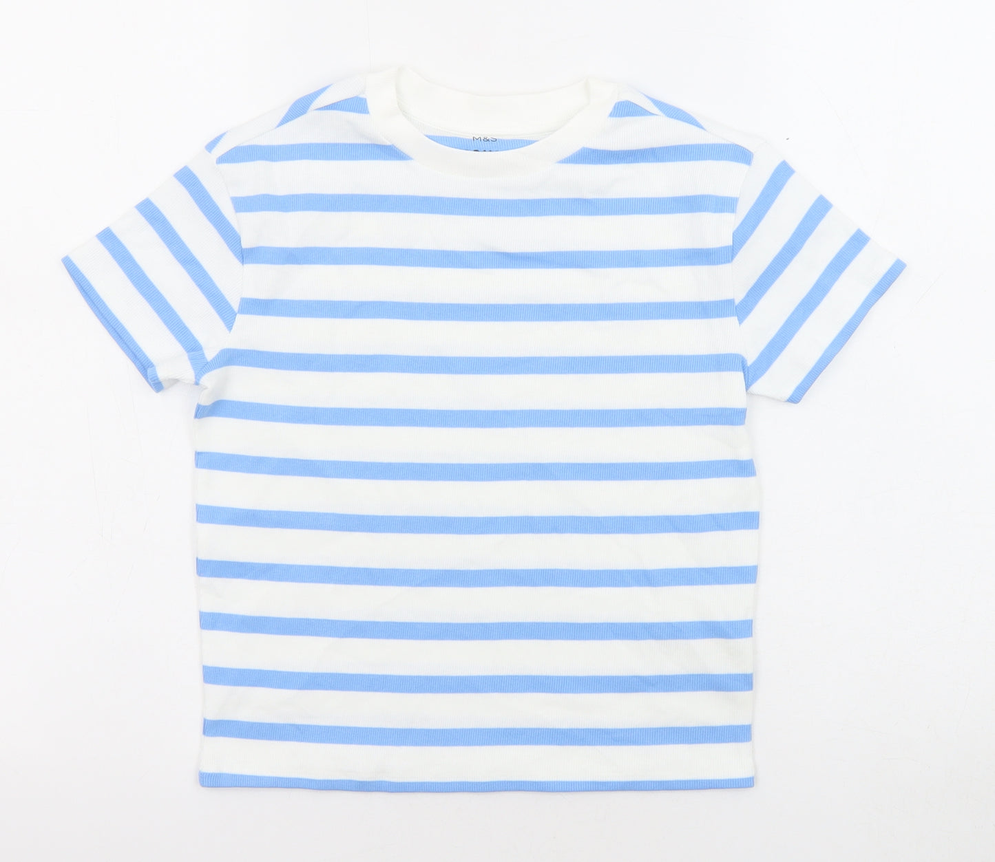 Marks and Spencer Boys Blue Striped Cotton Basic T-Shirt Size 10-11 Years Round Neck Pullover