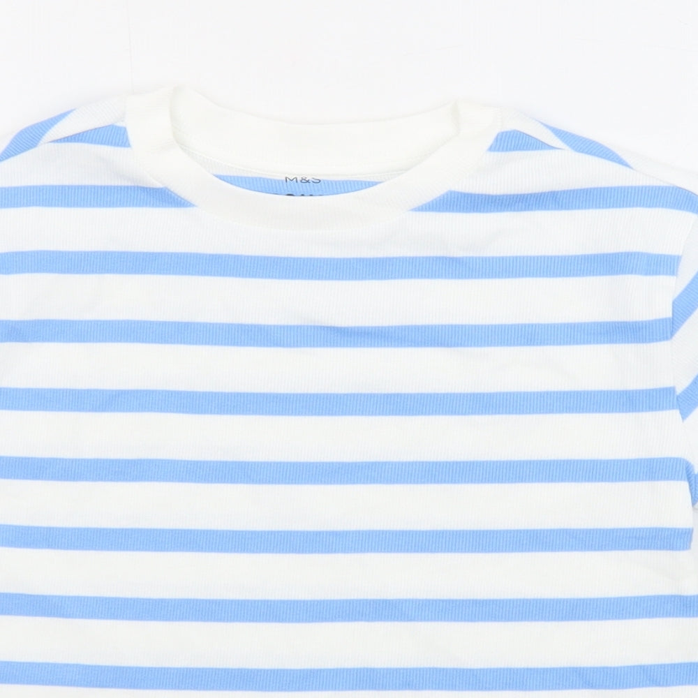 Marks and Spencer Boys Blue Striped Cotton Basic T-Shirt Size 10-11 Years Round Neck Pullover