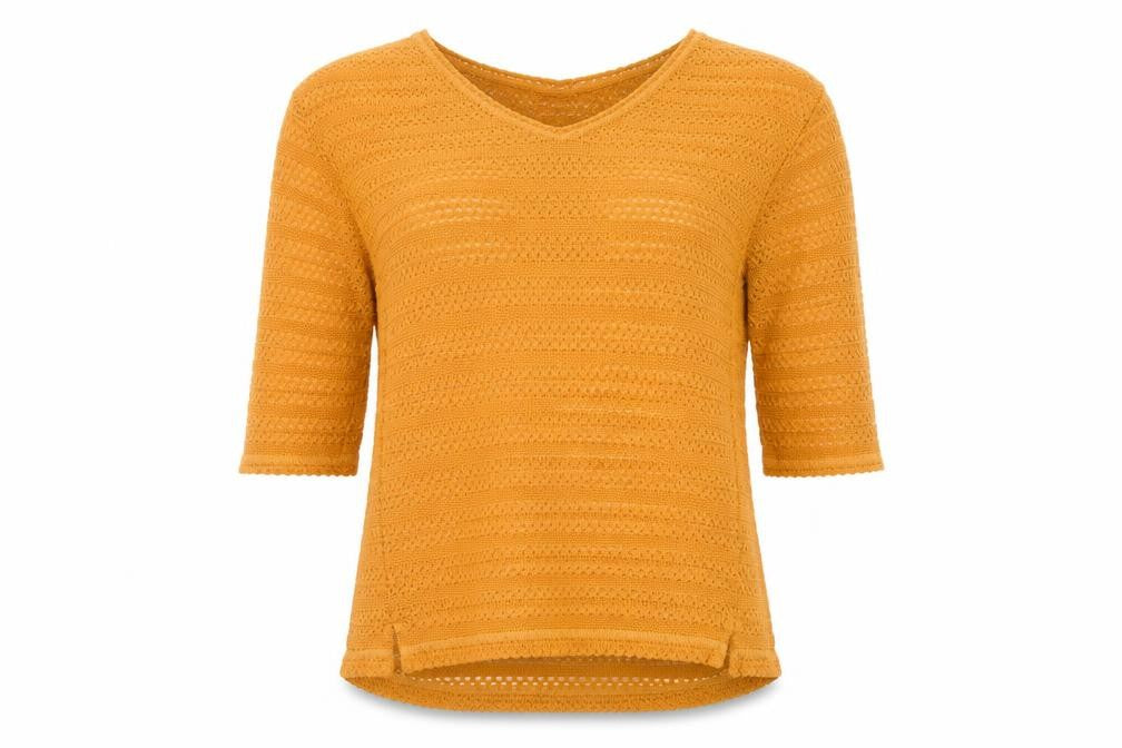 Front view of Next women’s orange v-neck polyester jumper, size UK 12