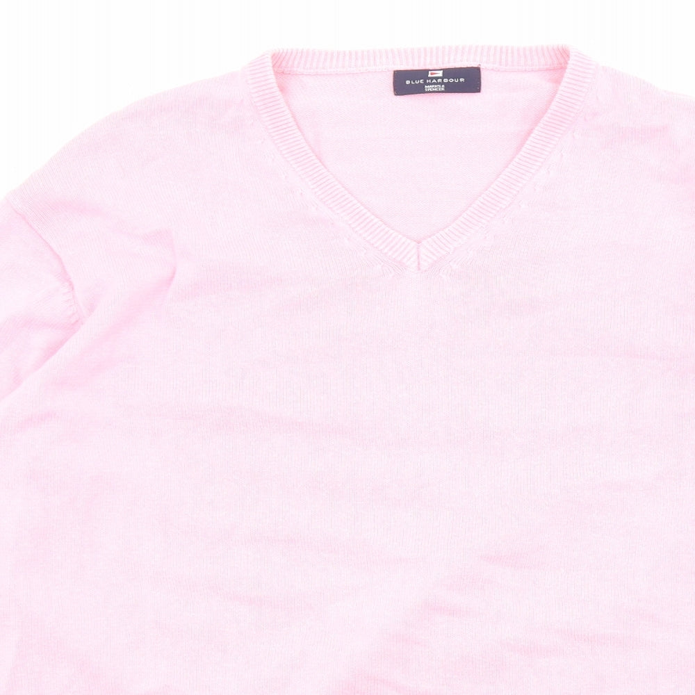 Blue Harbour Mens Pink V-Neck Cotton Pullover Jumper Size XL Long Sleeve