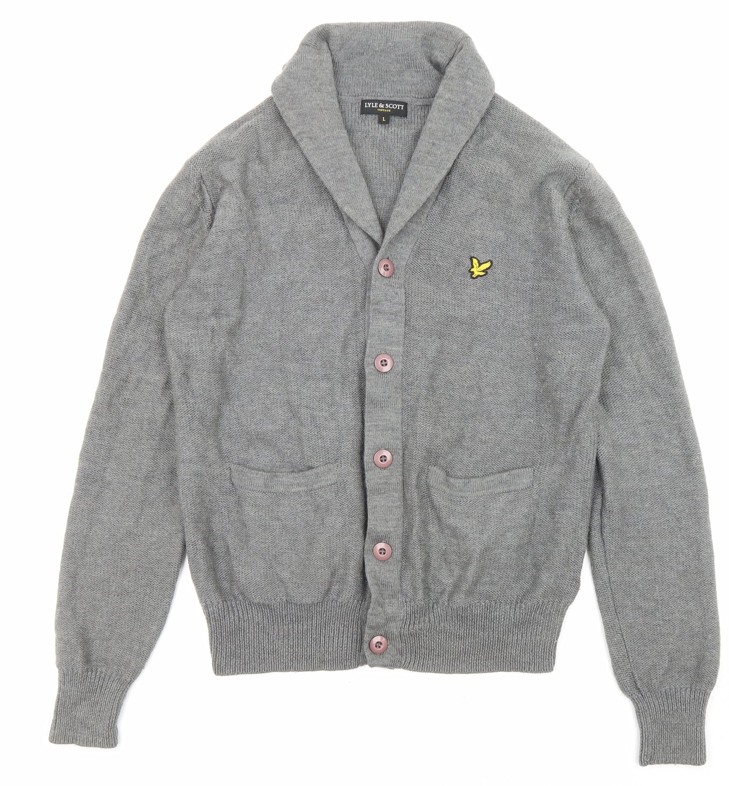 Lyle & Scott Mens Grey Collared Wool Cardigan Jumper Size L Long Sleeve - Logo Embroidery