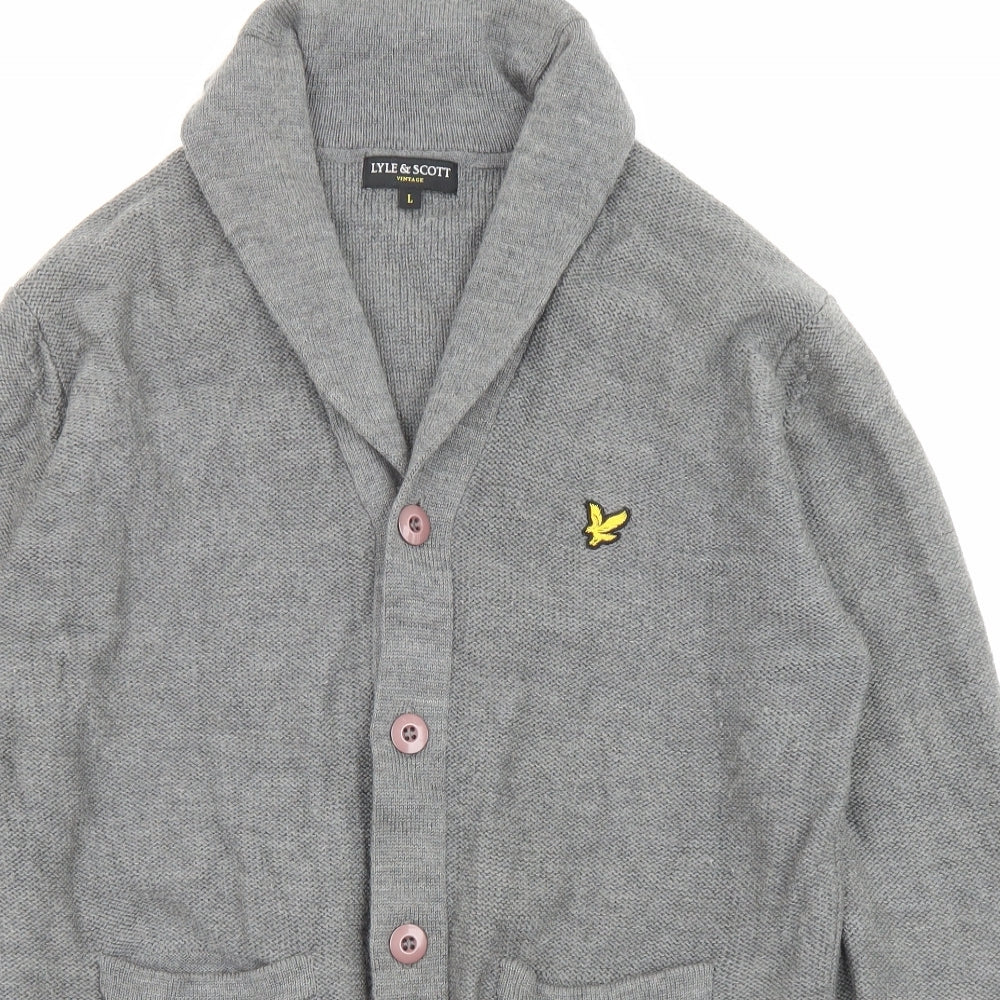 Lyle & Scott Mens Grey Collared Wool Cardigan Jumper Size L Long Sleeve - Logo Embroidery