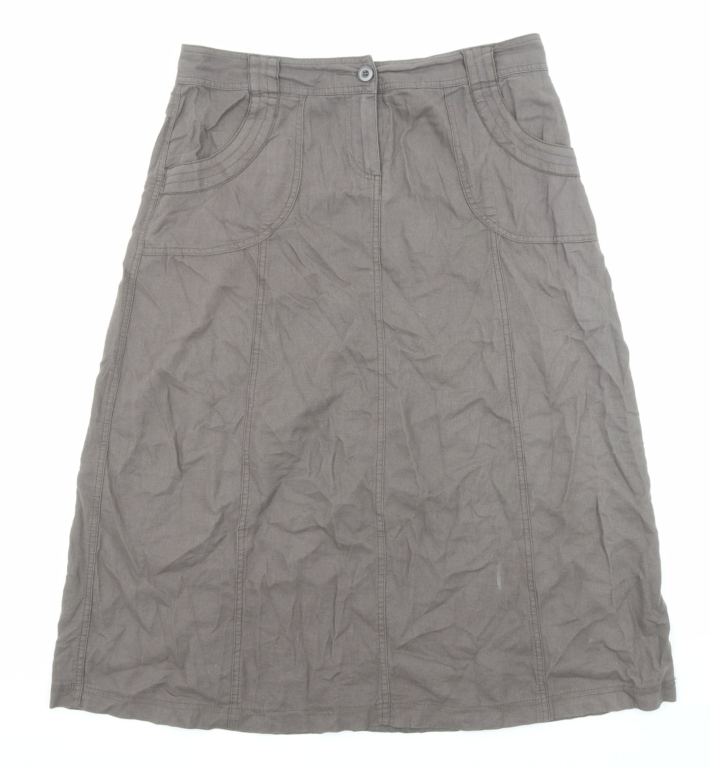Marks and Spencer Womens Brown Linen A-Line Skirt Size 14 Button - Pockets