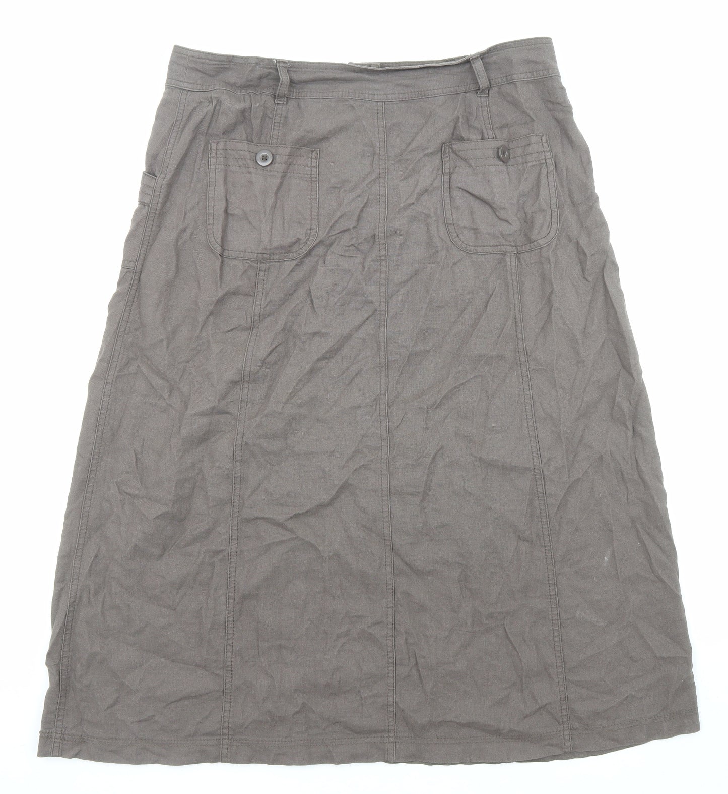 Marks and Spencer Womens Brown Linen A-Line Skirt Size 14 Button - Pockets