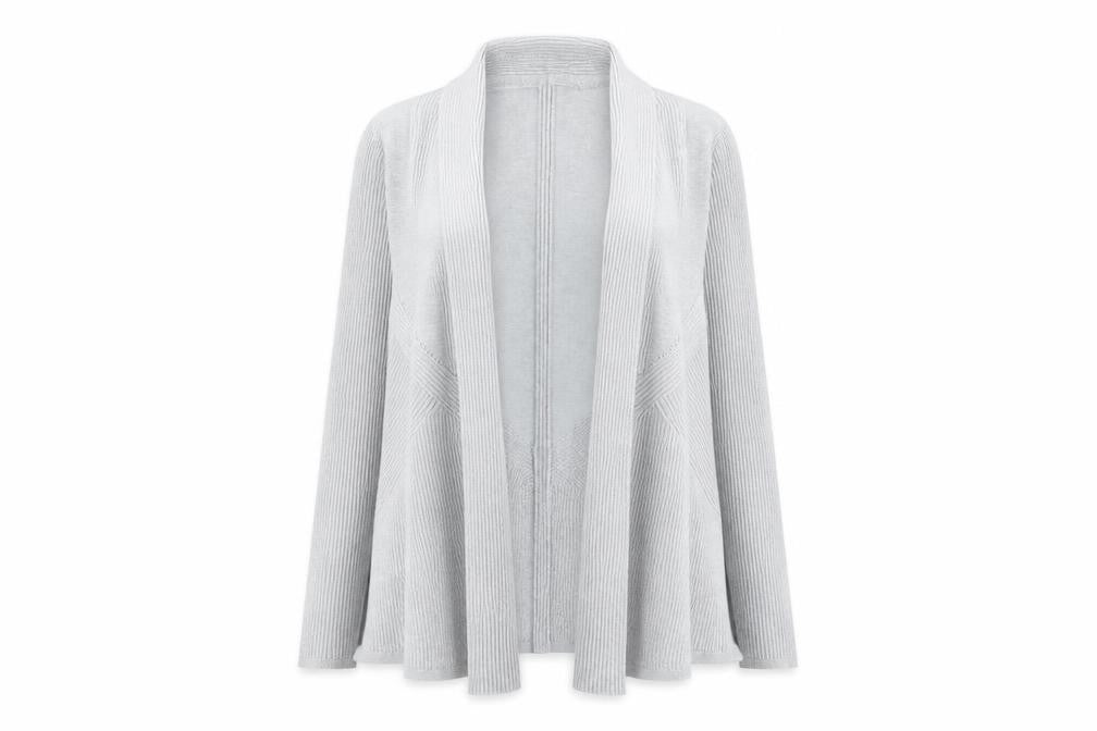 Front view of Principles women’s grey collared acrylic cardigan jumper, size UK 12, - open