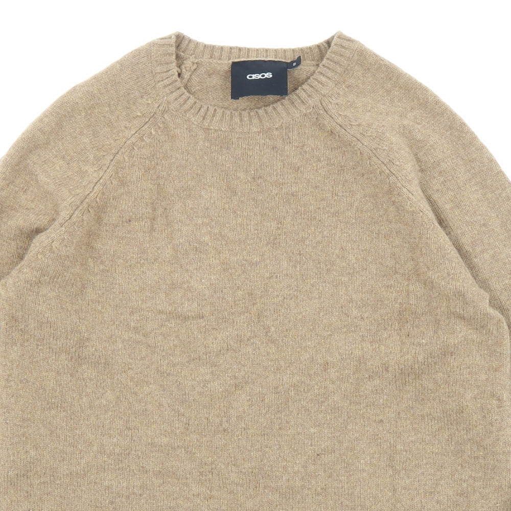 ASOS Mens Beige Round Neck Wool Pullover Jumper Size S Long Sleeve