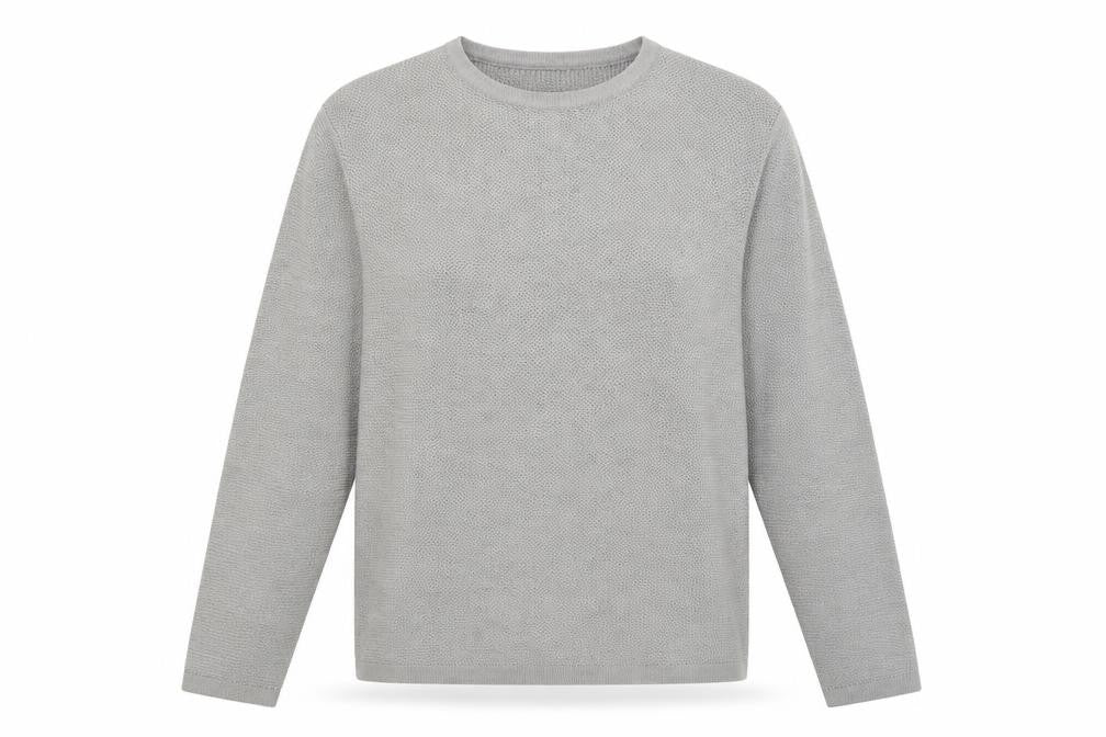 Front view of Nines women’s grey crew neck acrylic jumper, size L