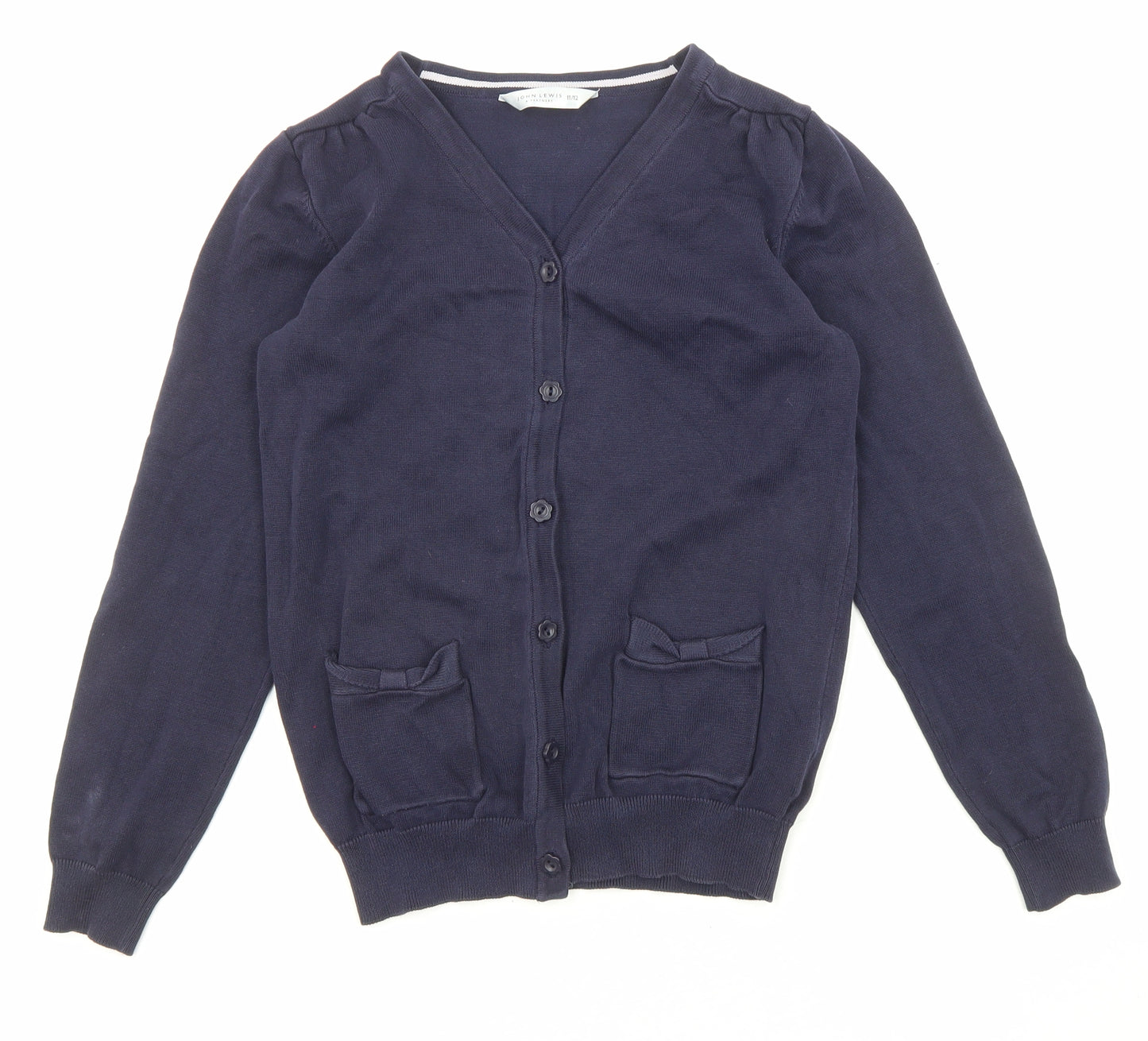 John Lewis Girls Blue V-Neck Cotton Cardigan Jumper Size 11-12 Years Button - Pockets