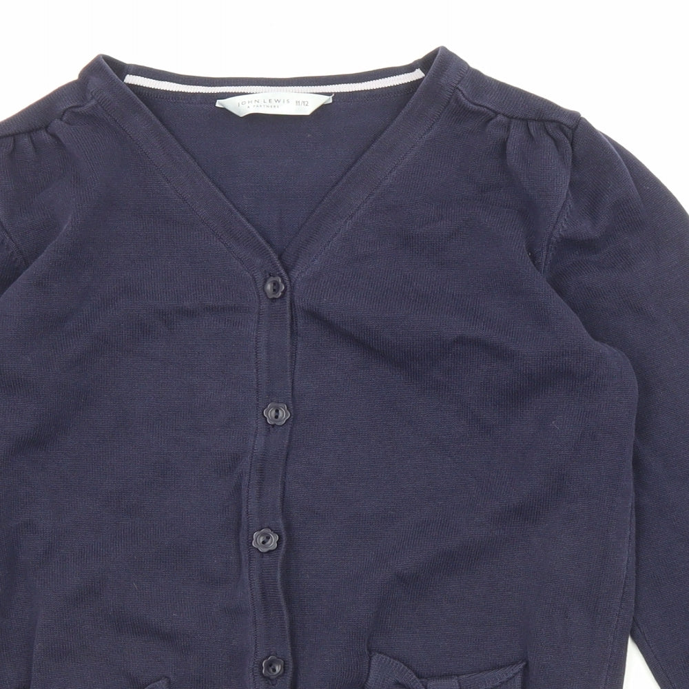 John Lewis Girls Blue V-Neck Cotton Cardigan Jumper Size 11-12 Years Button - Pockets