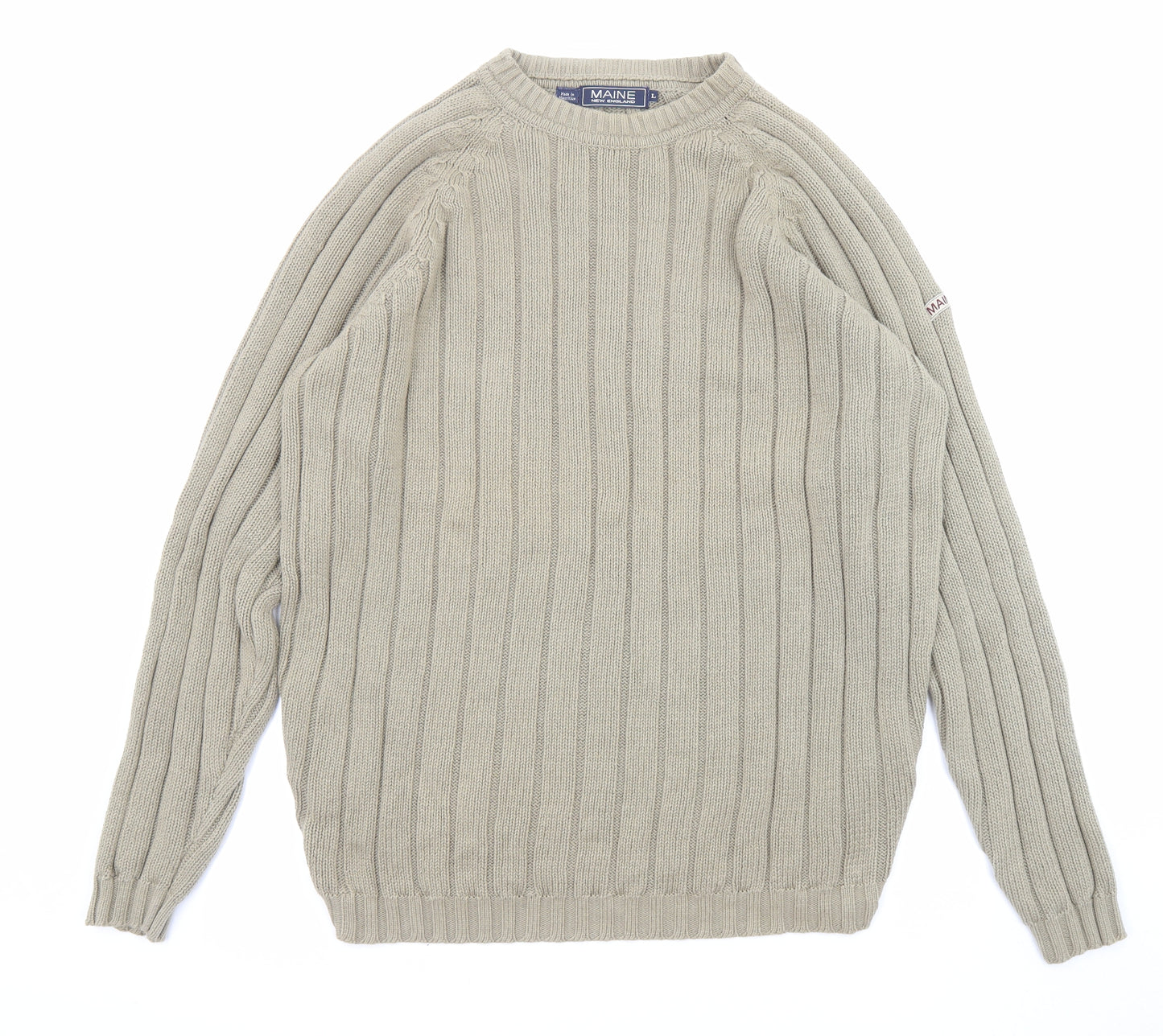 Maine New England Mens Beige Round Neck Cotton Pullover Jumper Size L Long Sleeve