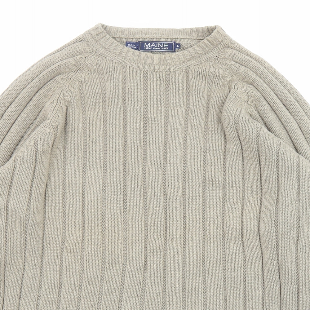 Maine New England Mens Beige Round Neck Cotton Pullover Jumper Size L Long Sleeve