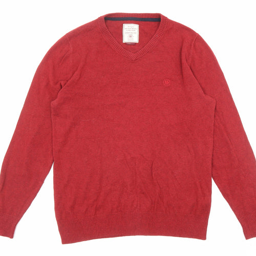 Fat Face Mens Red V-Neck Cotton Pullover Jumper Size S Long Sleeve