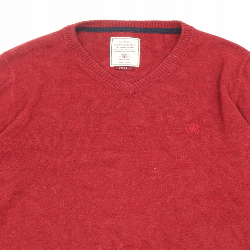 Fat Face Mens Red V-Neck Cotton Pullover Jumper Size S Long Sleeve