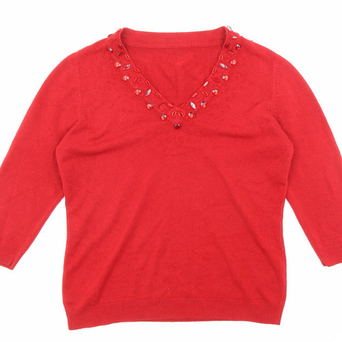 BHS Womens Red V-Neck Acrylic Pullover Jumper Size 12 - Embellished Neckline