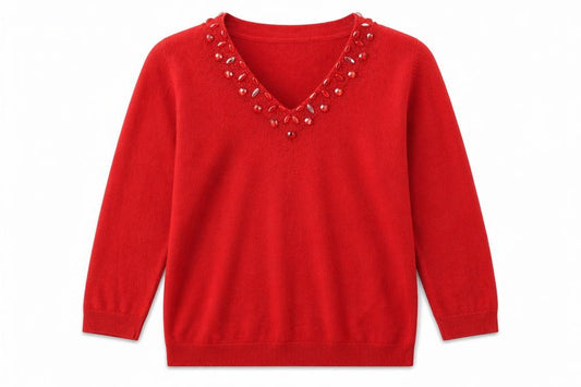 Front view of BHS women’s red v-neck acrylic jumper, size UK 12, - embellished neckline