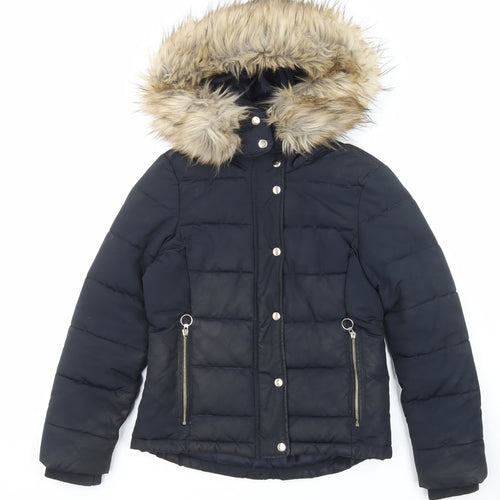 Topshop Womens Black Puffer Jacket Jacket Size 8 Zip - Pockets Faux Fur Trim
