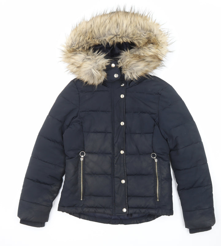 Topshop Womens Black Puffer Jacket Jacket Size 8 Zip - Pockets Faux Fur Trim