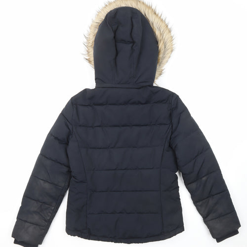 Topshop Womens Black Puffer Jacket Jacket Size 8 Zip - Pockets Faux Fur Trim