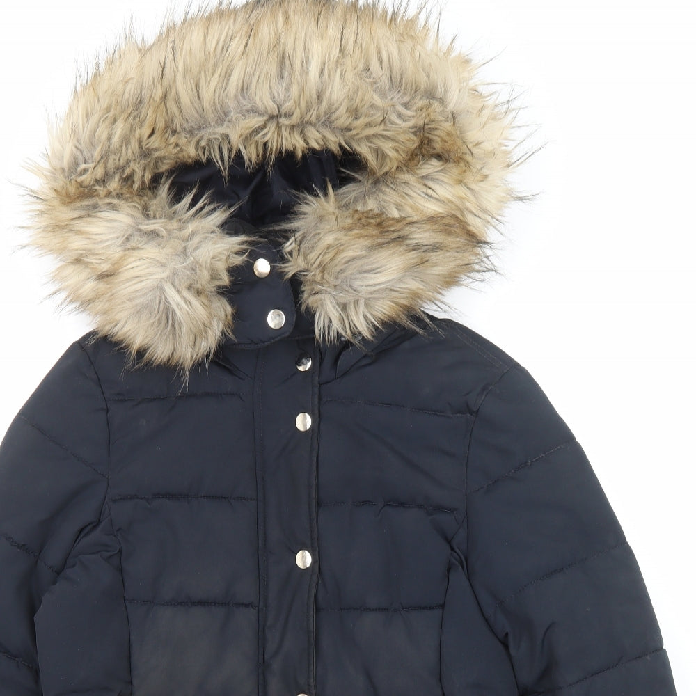Topshop Womens Black Puffer Jacket Jacket Size 8 Zip - Pockets Faux Fur Trim
