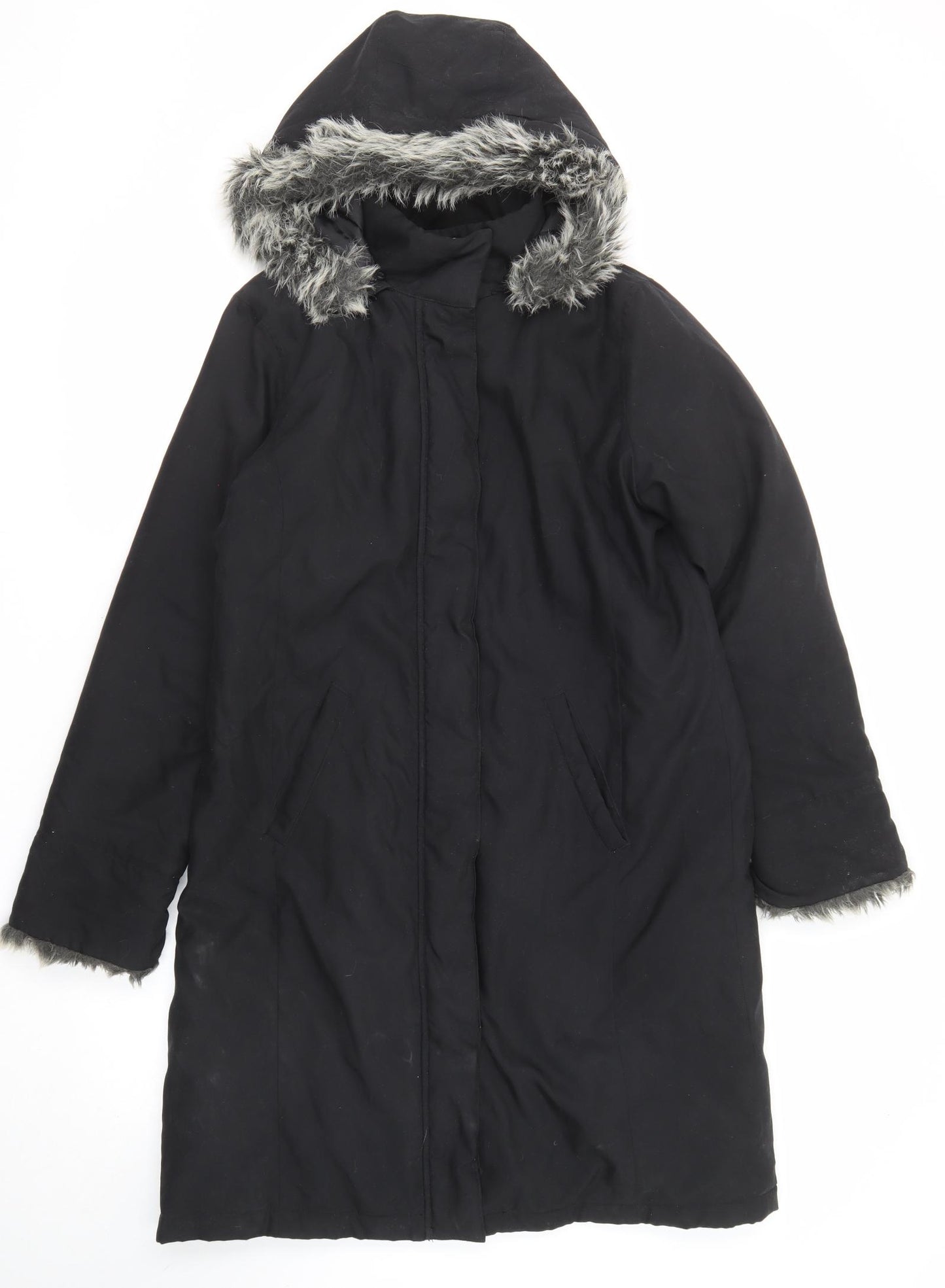 NEXT Womens Black Parka Coat Size 8 Zip - Pockets, Fur Trim Hooded